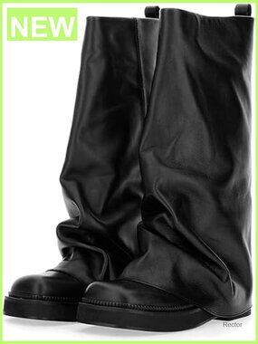 Women Slouchy Knee High Boots Round Toe Fold Over Chunky Heel Platform
